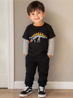 Andy & Evan’s • NWT $40 USD Black Layered Halloween Dino Tee with Orange Accents